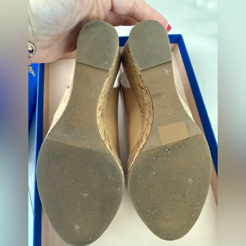 Stuart Weitzman Size 5 Jean Adobe Aniline Peep-Toe Cork Wedges in Nude Patent - Picture 4 of 11